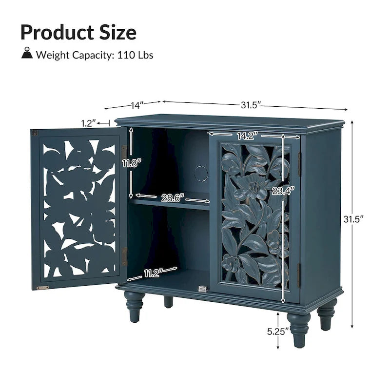 Meuble d'appoint à 2 portes sculptées fleuries avec éclairage LED et finition bleue vieillie
