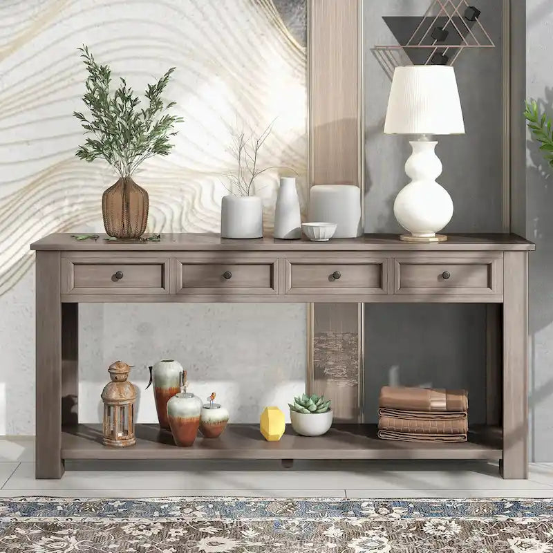 Console rustique en bois massif avec 4 tiroirs et étagère inférieure