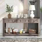 Console rustique en bois massif avec 4 tiroirs et étagère inférieure