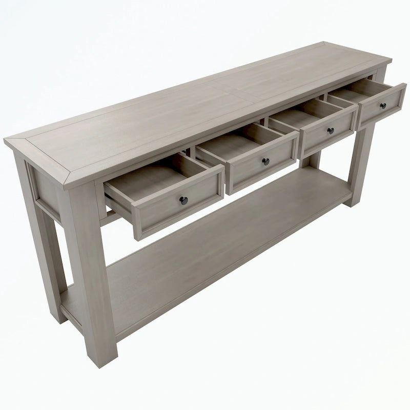 Console rustique en bois massif avec 4 tiroirs et étagère inférieure