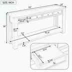 Console rustique en bois massif avec 4 tiroirs et étagère inférieure