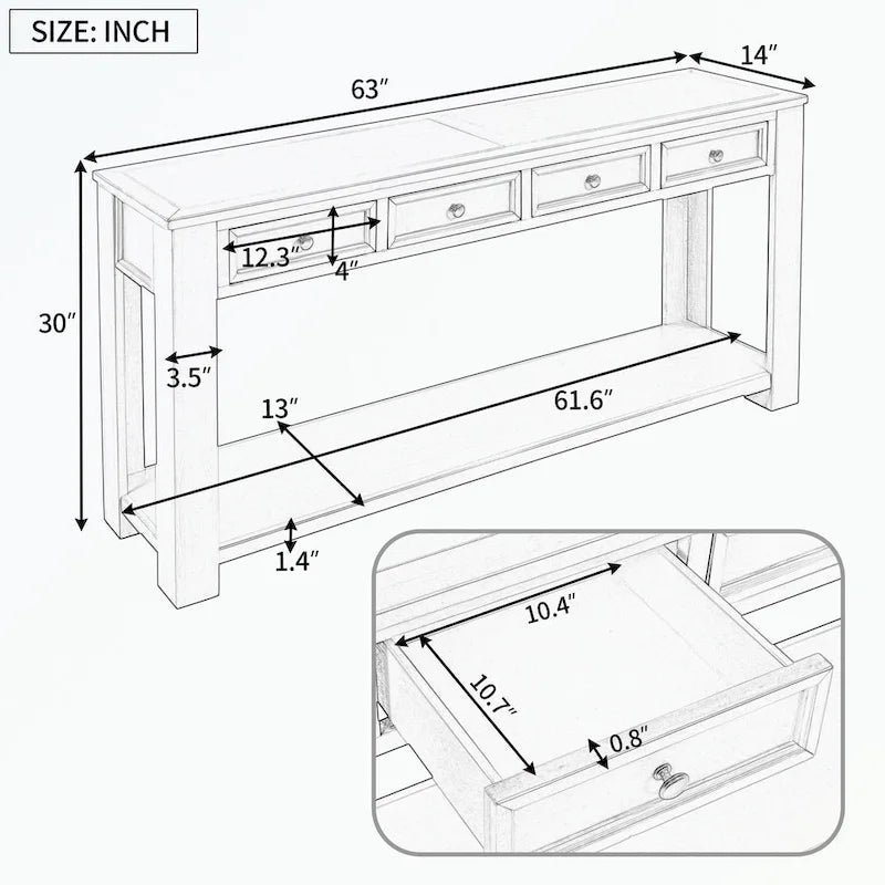 Console rustique en bois massif avec 4 tiroirs et étagère inférieure
