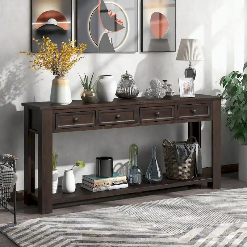 Console rustique en bois massif avec 4 tiroirs et étagère inférieure