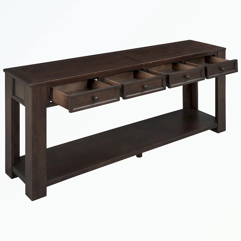 Console rustique en bois massif avec 4 tiroirs et étagère inférieure