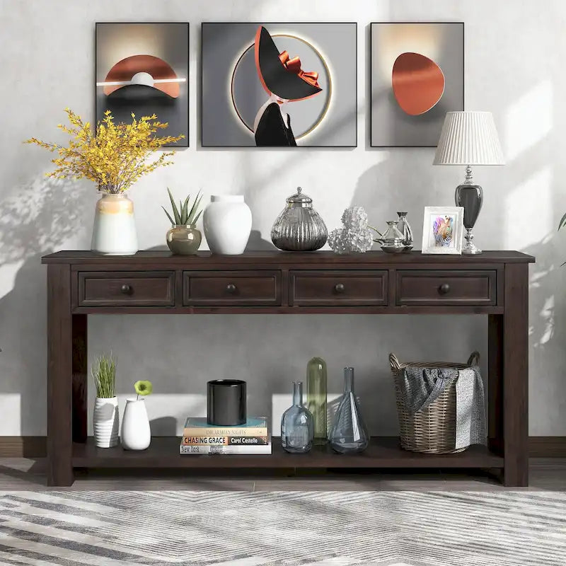 Console rustique en bois massif avec 4 tiroirs et étagère inférieure
