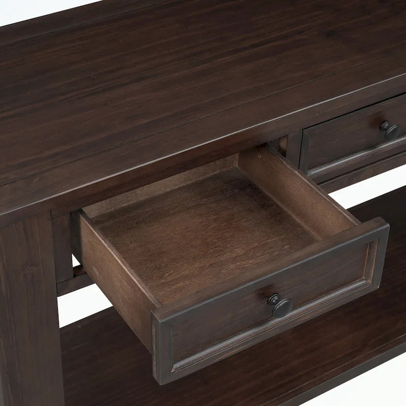 Console rustique en bois massif avec 4 tiroirs et étagère inférieure
