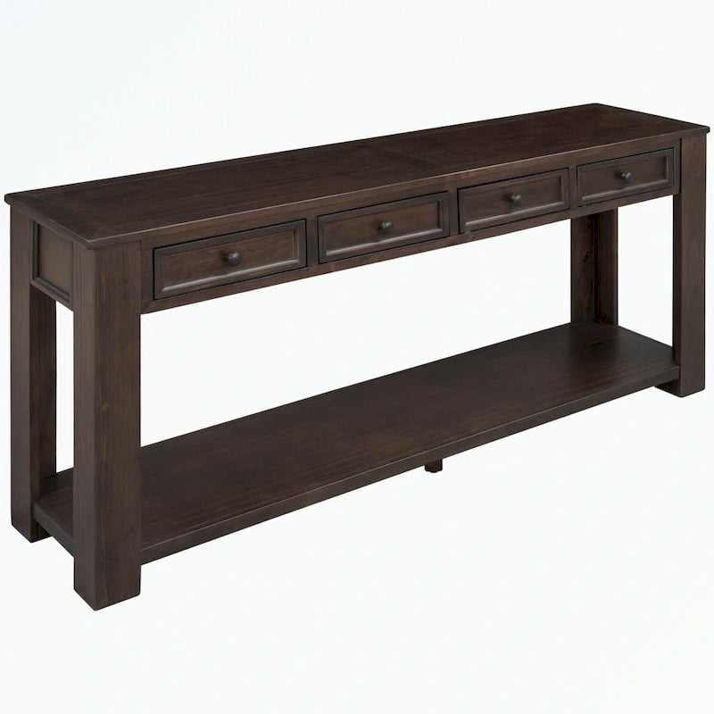 Console rustique en bois massif avec 4 tiroirs et étagère inférieure