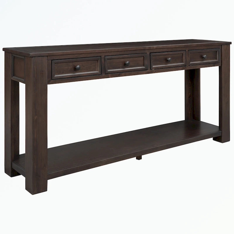 Console rustique en bois massif avec 4 tiroirs et étagère inférieure