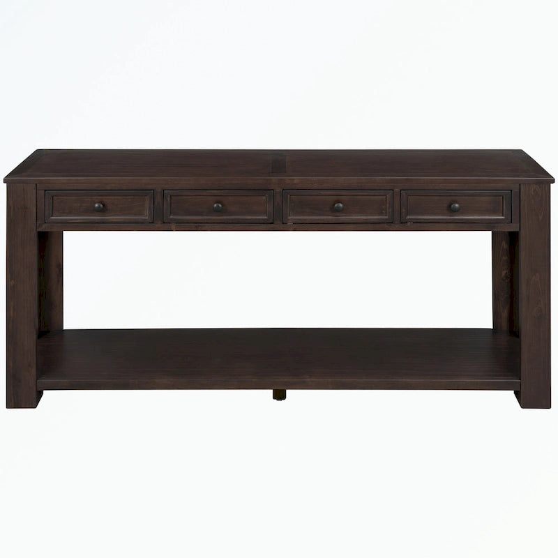Console rustique en bois massif avec 4 tiroirs et étagère inférieure