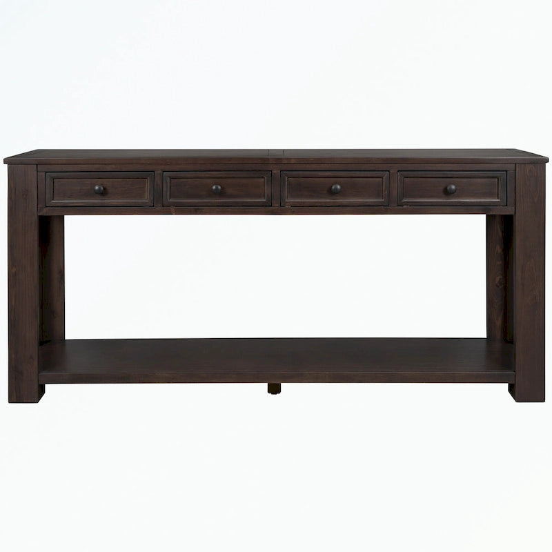 Console rustique en bois massif avec 4 tiroirs et étagère inférieure