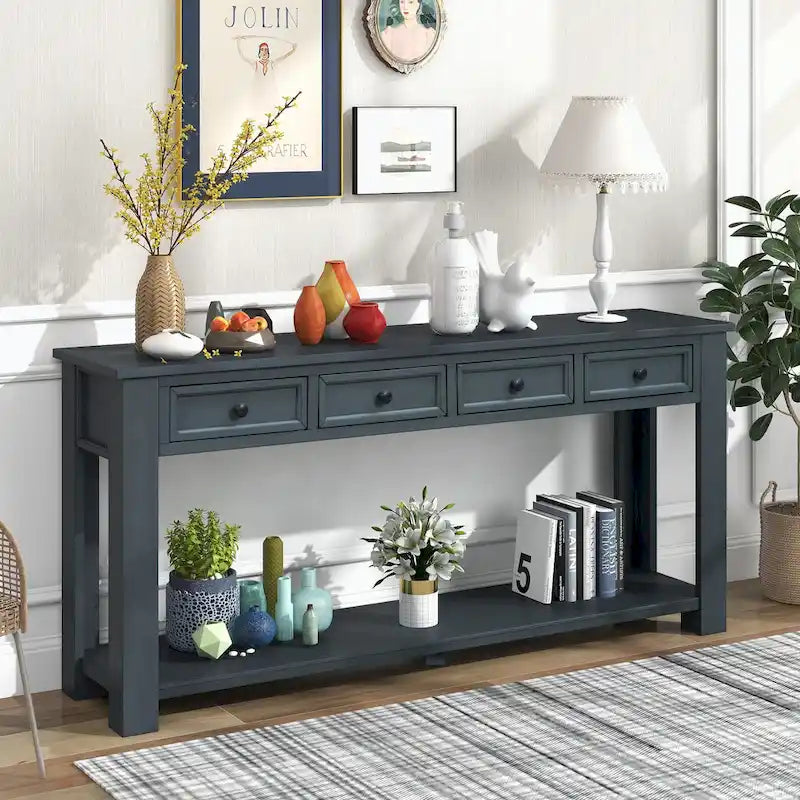 Console rustique en bois massif avec 4 tiroirs et étagère inférieure