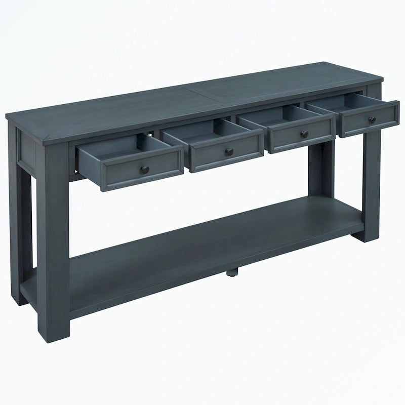 Console rustique en bois massif avec 4 tiroirs et étagère inférieure