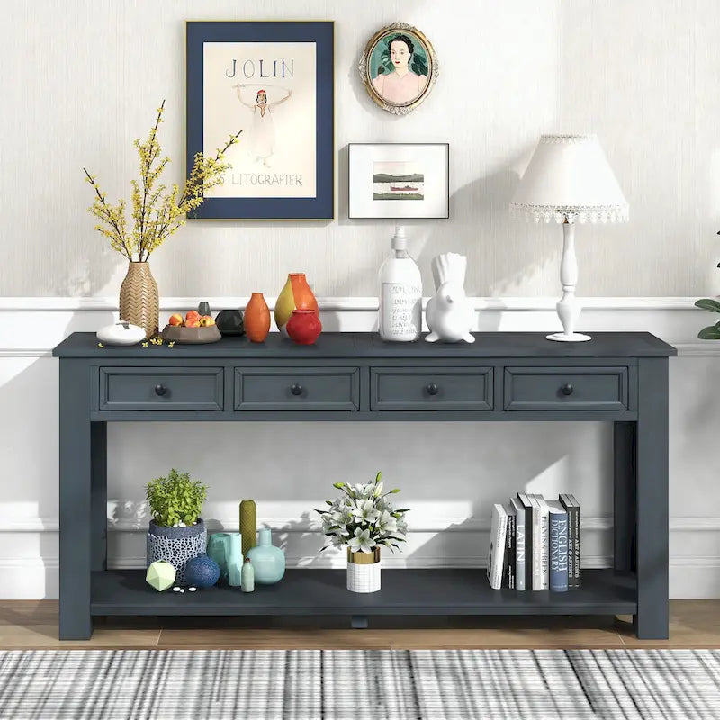 Console rustique en bois massif avec 4 tiroirs et étagère inférieure