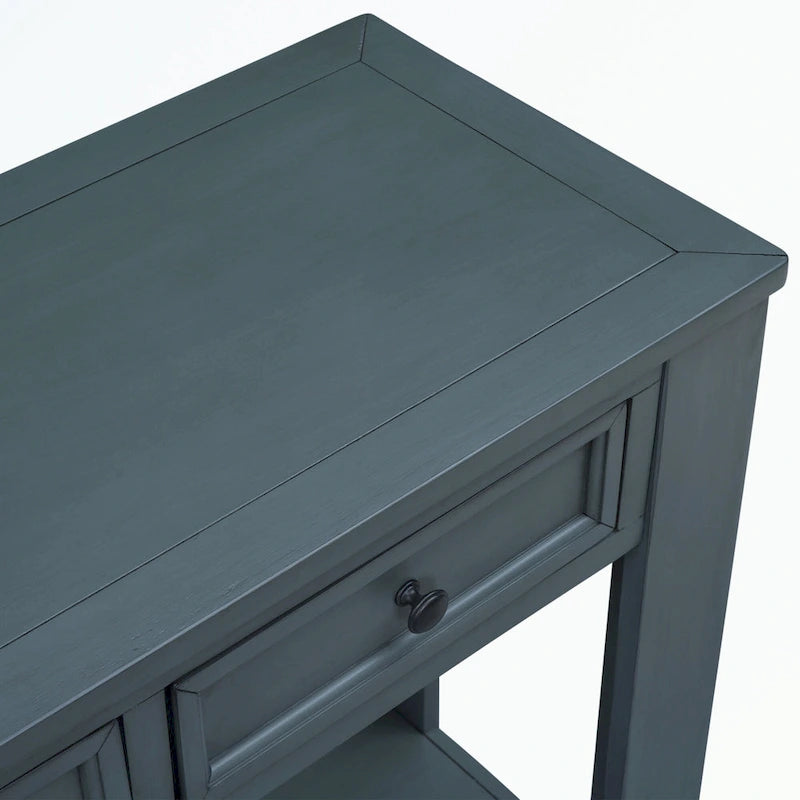 Console rustique en bois massif avec 4 tiroirs et étagère inférieure