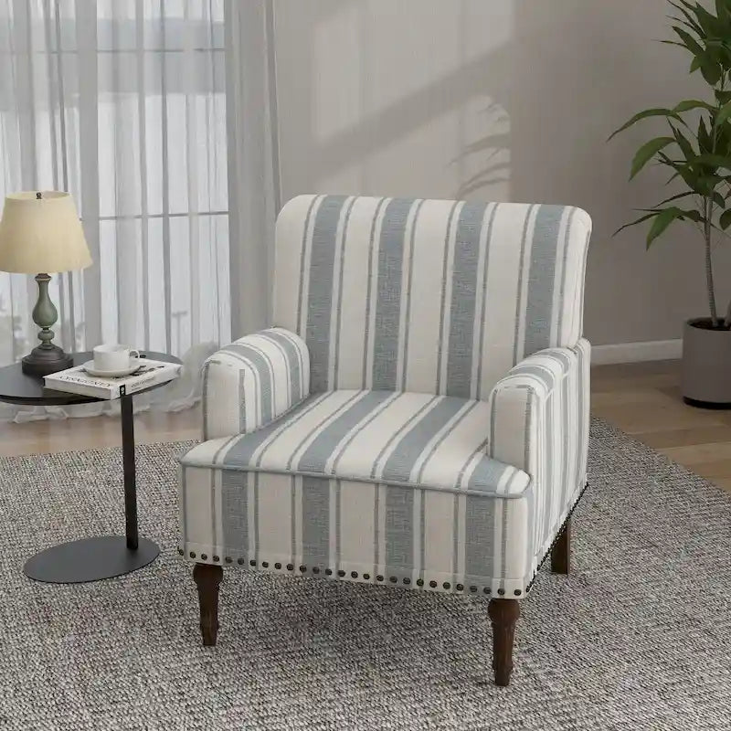 Fauteuil d'appoint en lin mélangé à rayures avec clous de tapissier style ferme