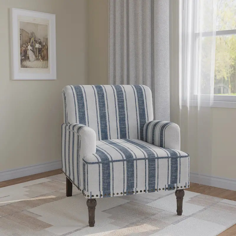 Fauteuil d'appoint en lin mélangé à rayures avec clous de tapissier style ferme