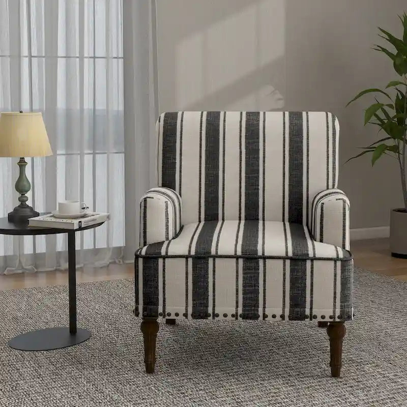 Fauteuil d'appoint en lin mélangé à rayures avec clous de tapissier style ferme