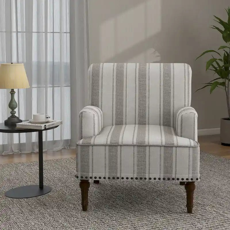 Fauteuil d'appoint en lin mélangé à rayures avec clous de tapissier style ferme
