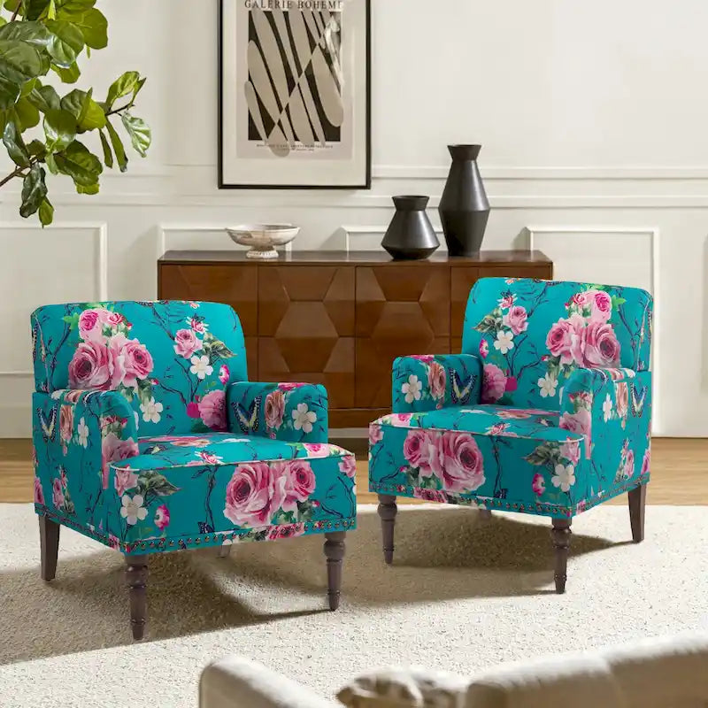 Fauteuil d'appoint en lin mélangé à rayures avec clous de tapissier style ferme