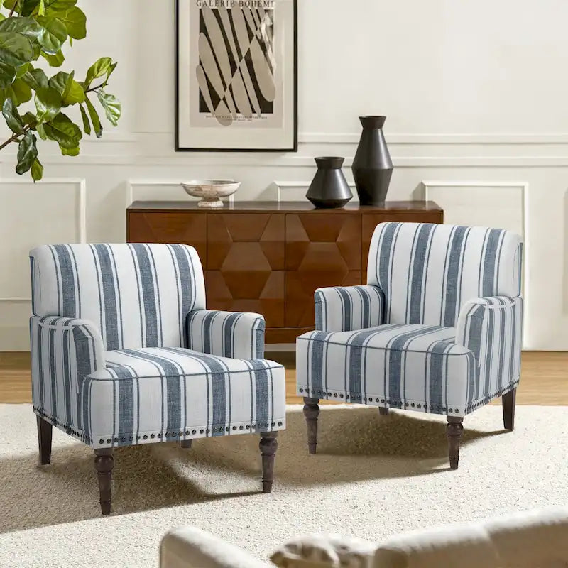 Fauteuil d'appoint en lin mélangé à rayures avec clous de tapissier style ferme