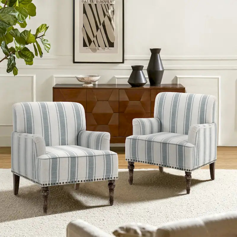 Fauteuil d'appoint en lin mélangé à rayures avec clous de tapissier style ferme