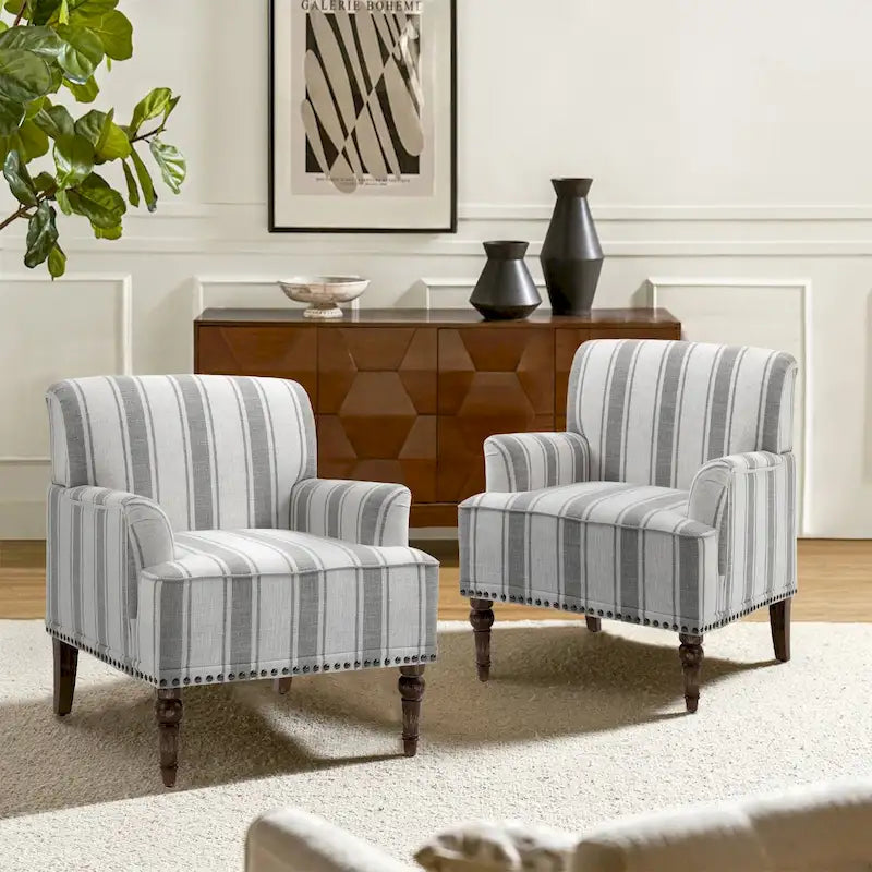 Fauteuil d'appoint en lin mélangé à rayures avec clous de tapissier style ferme