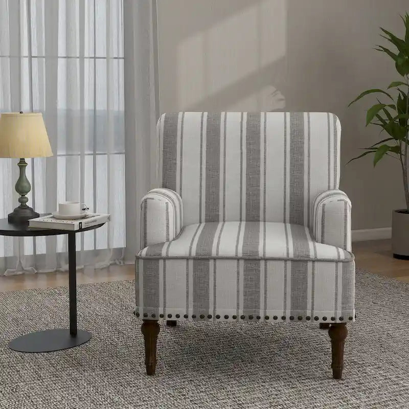 Fauteuil d'appoint en lin mélangé à rayures avec clous de tapissier style ferme