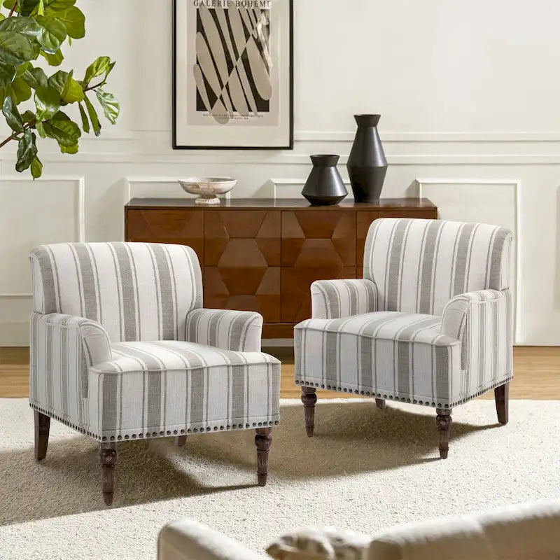 Fauteuil d'appoint en lin mélangé à rayures avec clous de tapissier style ferme
