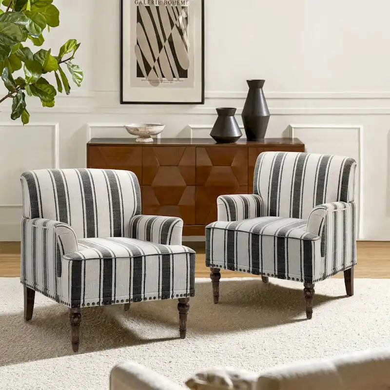 Fauteuil d'appoint en lin mélangé à rayures avec clous de tapissier style ferme