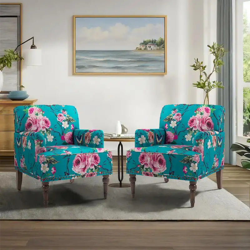Fauteuil d'appoint en lin mélangé à rayures avec clous de tapissier style ferme