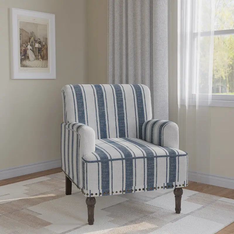 Fauteuil d'appoint en lin mélangé à rayures avec clous de tapissier style ferme