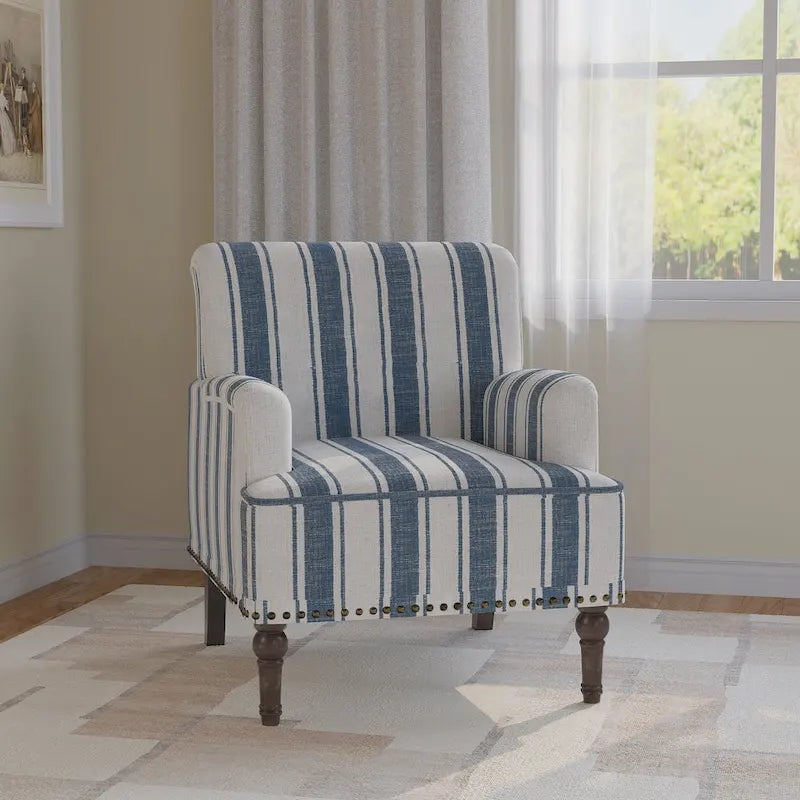 Fauteuil d'appoint en lin mélangé à rayures avec clous de tapissier style ferme