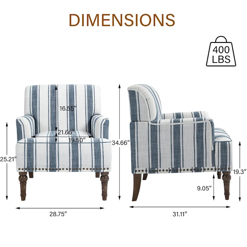 Fauteuil d'appoint en lin mélangé à rayures avec clous de tapissier style ferme