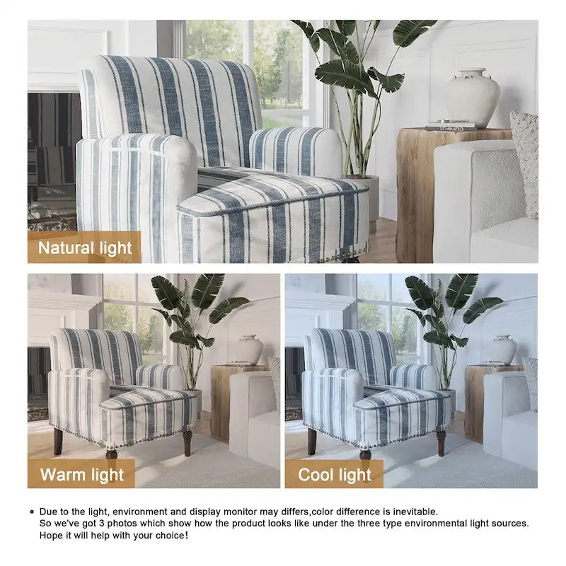 Fauteuil d'appoint en lin mélangé à rayures avec clous de tapissier style ferme