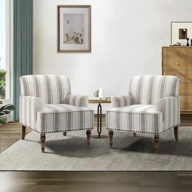Fauteuil d'appoint en lin mélangé à rayures avec clous de tapissier style ferme