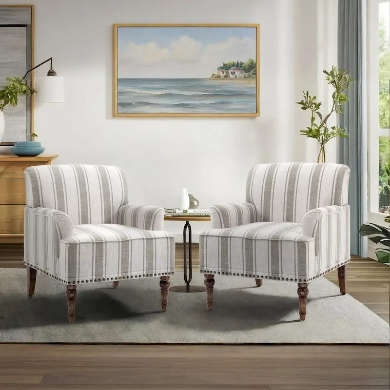 Fauteuil d'appoint en lin mélangé à rayures avec clous de tapissier style ferme