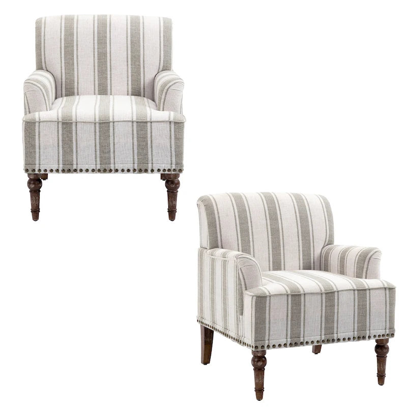 Fauteuil d'appoint en lin mélangé à rayures avec clous de tapissier style ferme