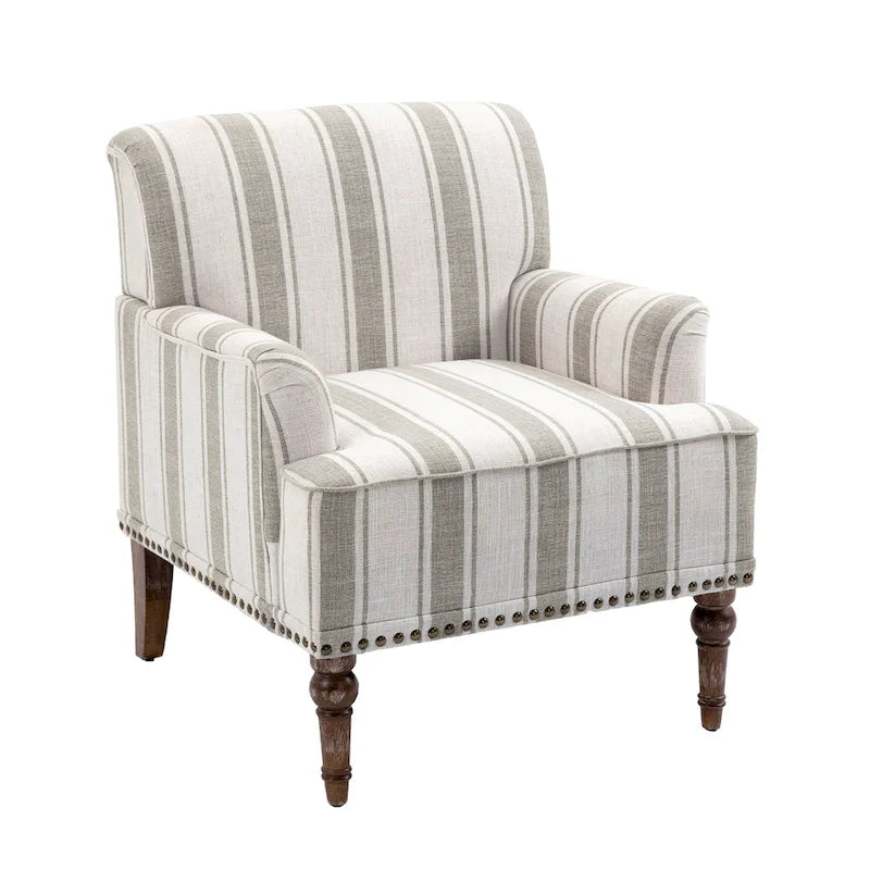 Fauteuil d'appoint en lin mélangé à rayures avec clous de tapissier style ferme