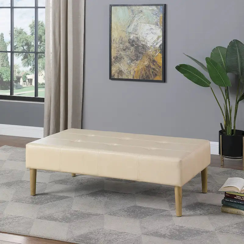 Ottoman de table basse capitonné en similicuir avec pieds en bois