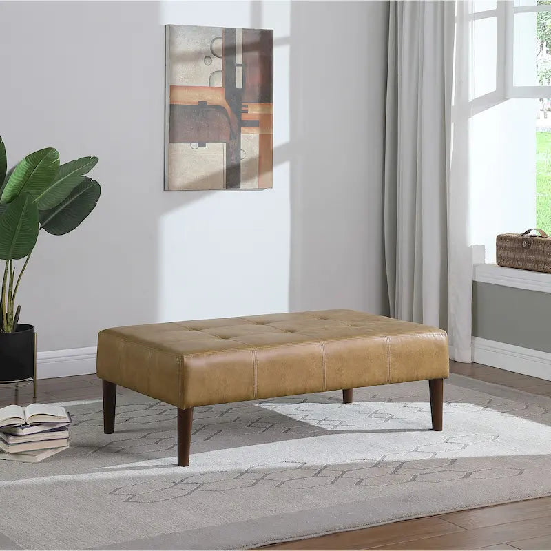 Ottoman de table basse capitonné en similicuir avec pieds en bois