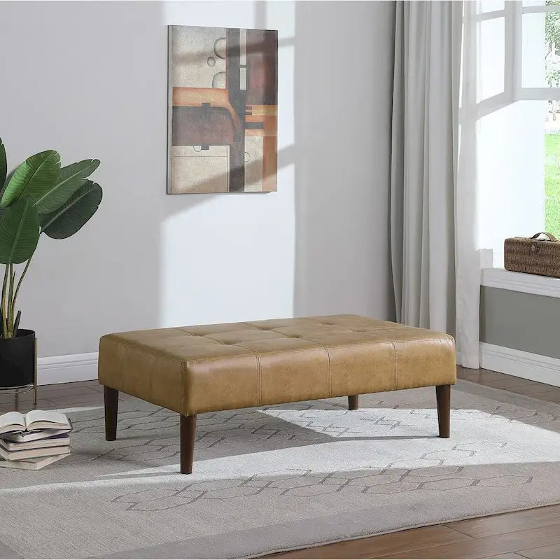 Ottoman de table basse capitonné en similicuir avec pieds en bois