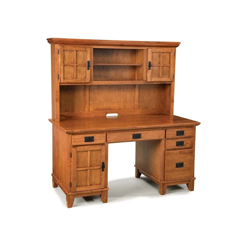 Bureau piédestal en chêne de style cottage avec armoire supérieure et tiroirs de rangement