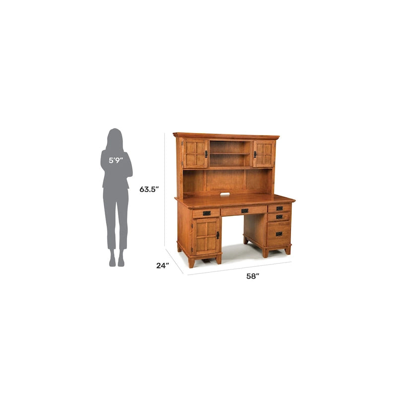 Bureau piédestal en chêne de style cottage avec armoire supérieure et tiroirs de rangement