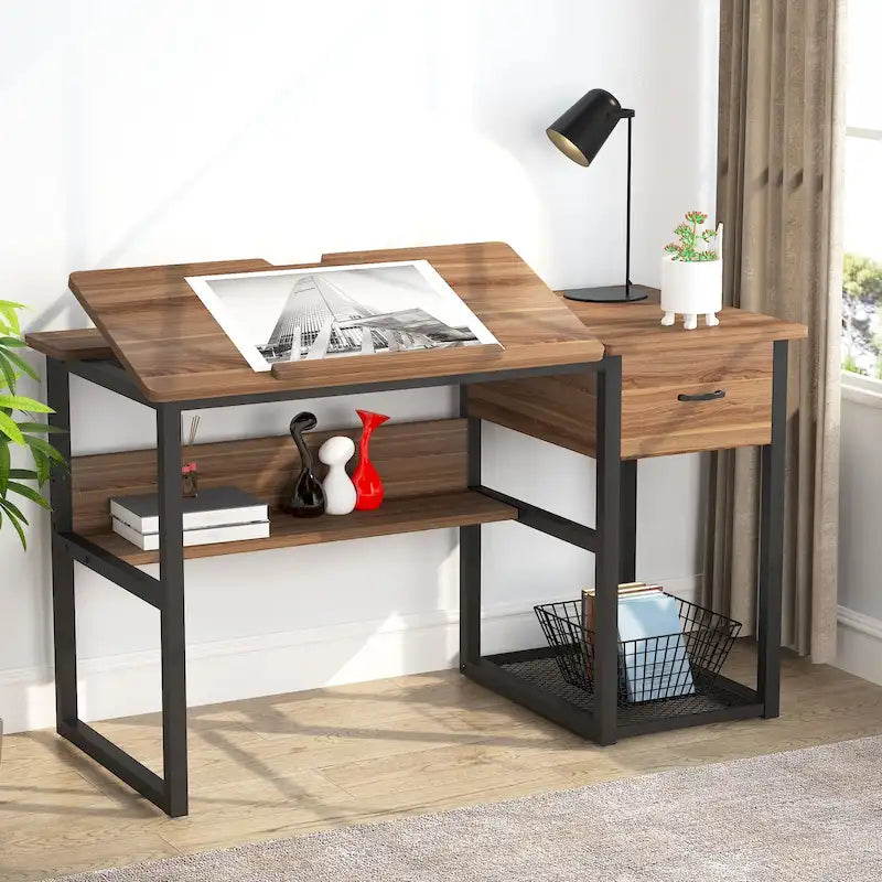 Table de dessin inclinable réglable avec étagère de rangement et tiroir, multi, noir, gris