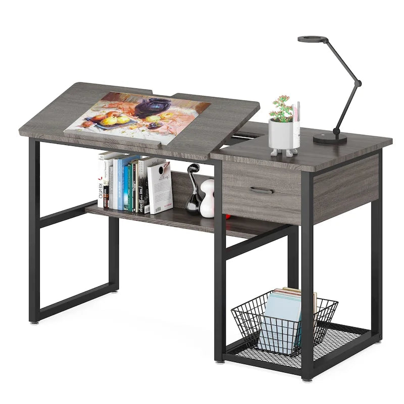 Table de dessin inclinable réglable avec étagère de rangement et tiroir, multi, noir, gris