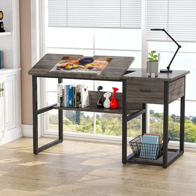 Table de dessin inclinable réglable avec étagère de rangement et tiroir, multi, noir, gris