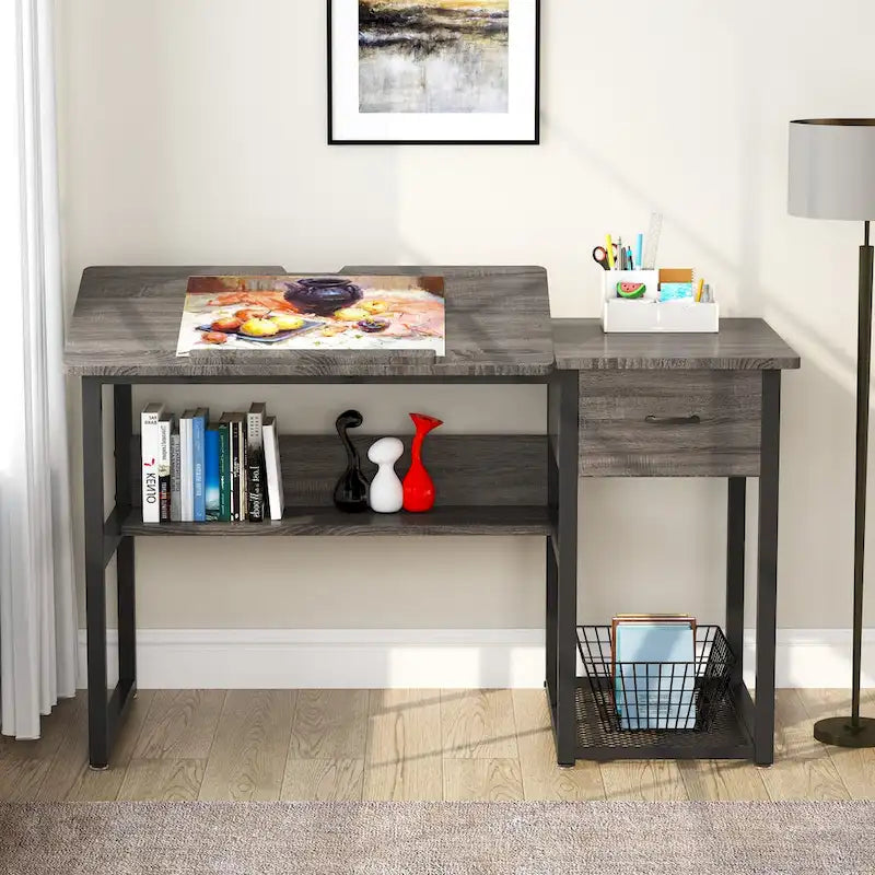 Table de dessin inclinable réglable avec étagère de rangement et tiroir, multi, noir, gris