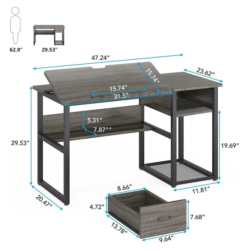 Table de dessin inclinable réglable avec étagère de rangement et tiroir, multi, noir, gris