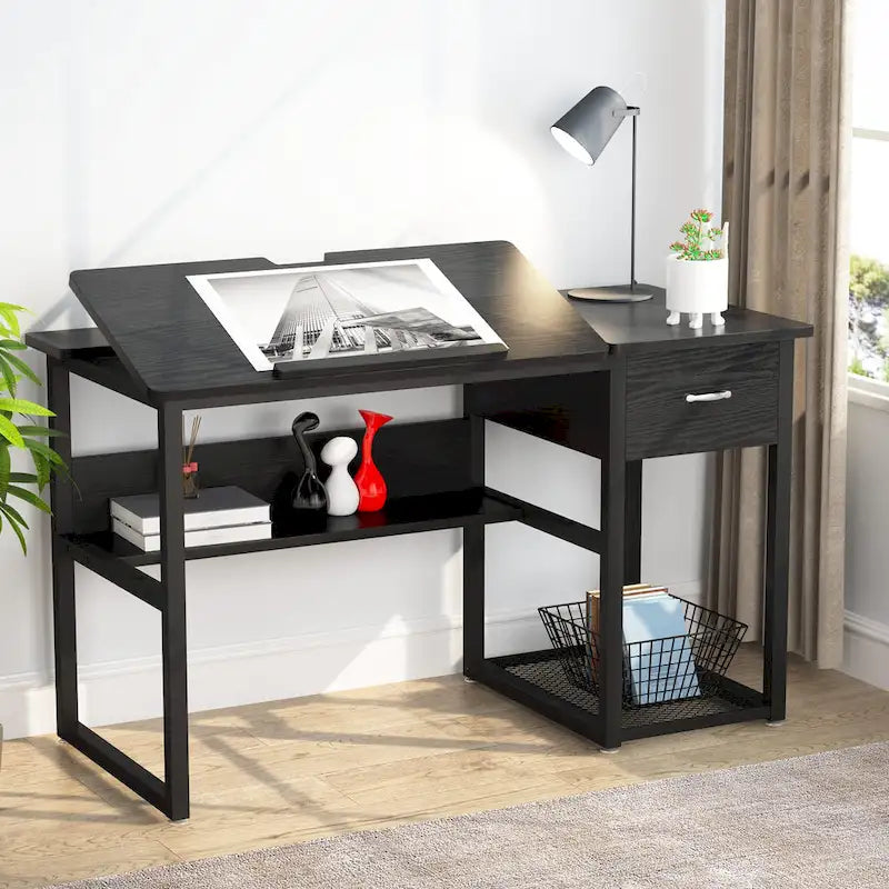 Table de dessin inclinable réglable avec étagère de rangement et tiroir, multi, noir, gris