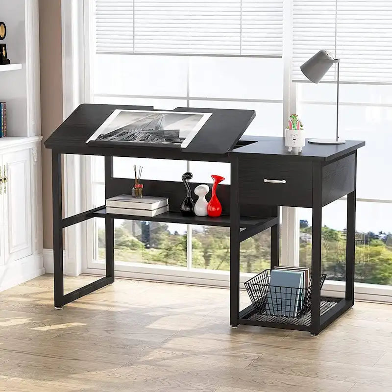 Table de dessin inclinable réglable avec étagère de rangement et tiroir, multi, noir, gris